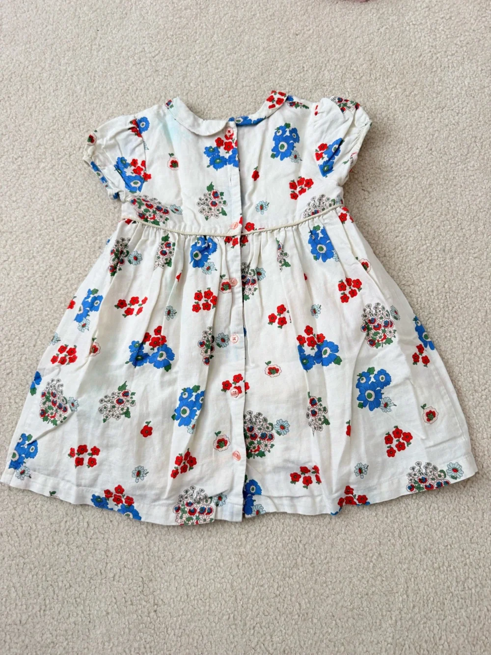 Baby Boden White Cotton Dress with Blue and Red Floral Print